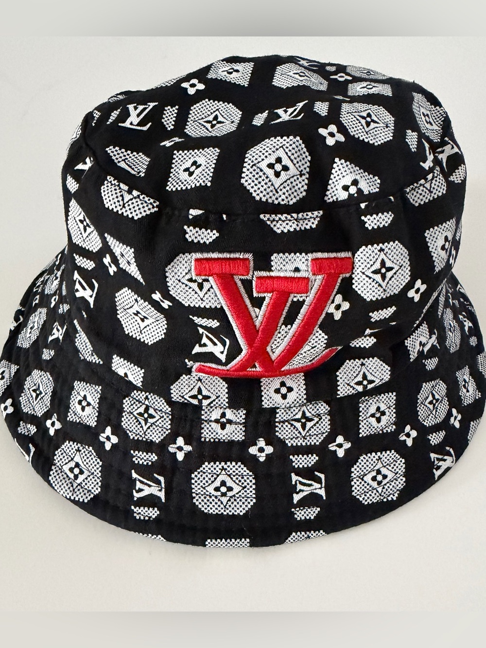 Black & White Monogram Bucket Hat with Red LV Emblem